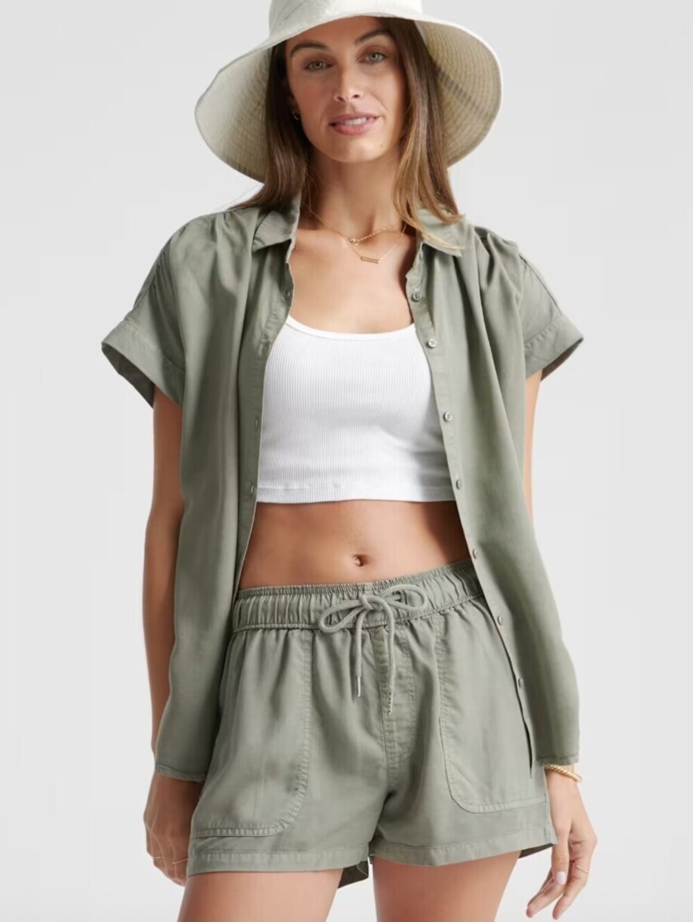 Quince Olive Green Vintage Wash Tencel Short Sleeve Camp Shirt - Size - Medium